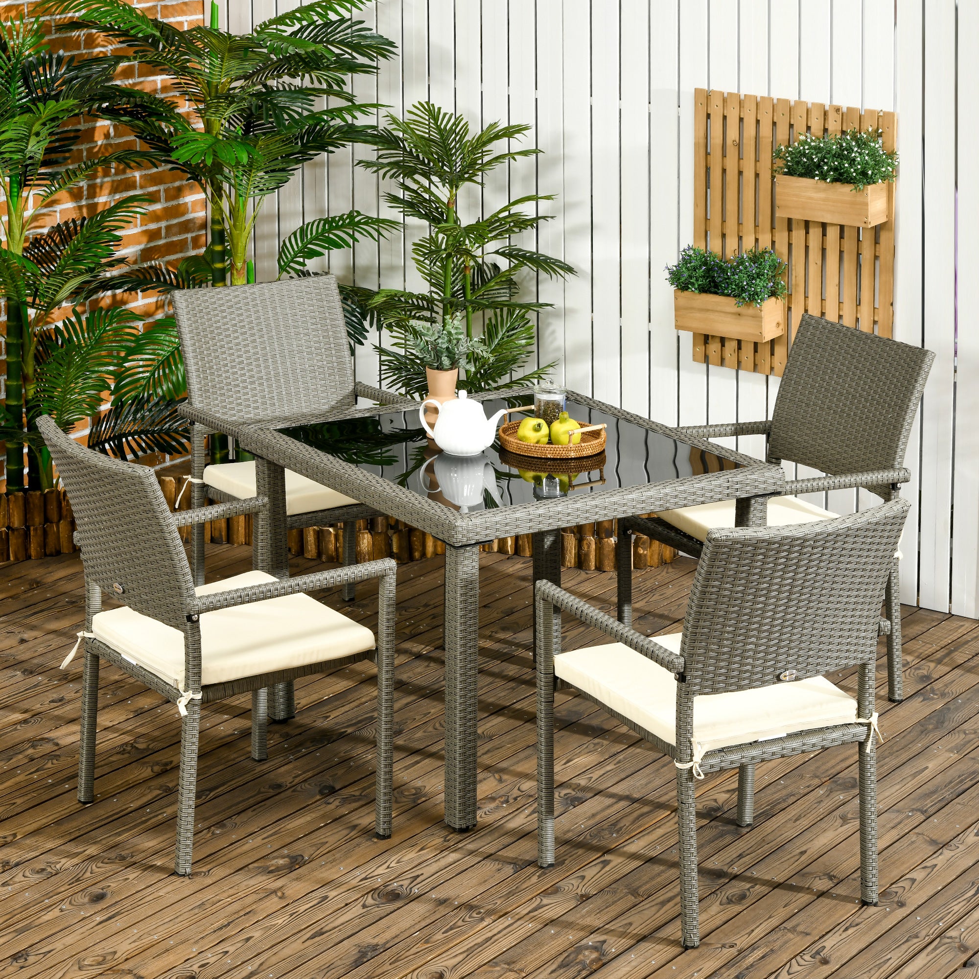 Set Tavolo e 4 Sedie da Giardino in Rattan PE Grigio