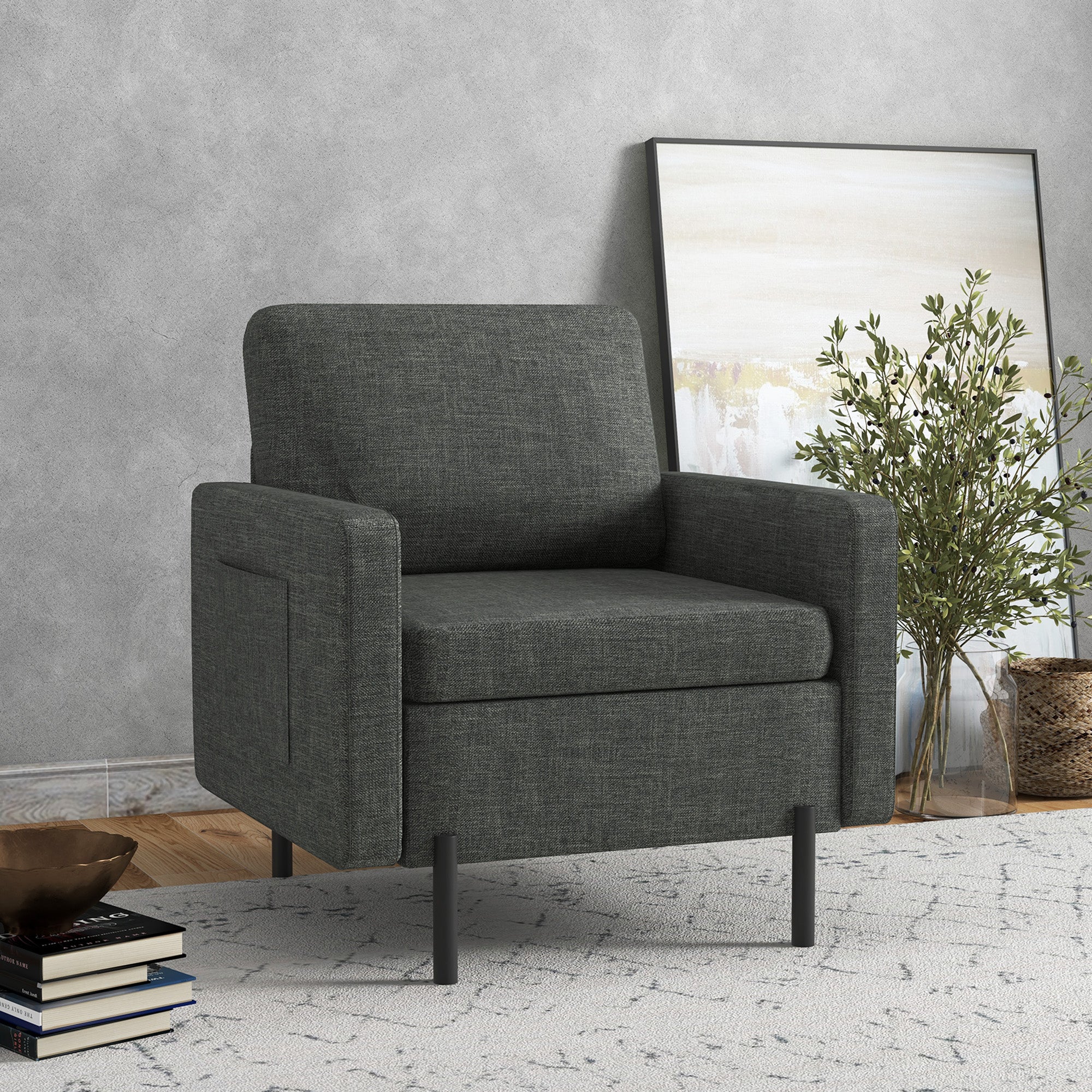 Poltroncina Moderna 73x79x87 cm in Tessuto Effetto Lino Grigio