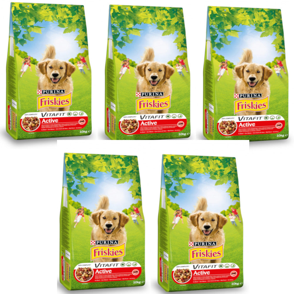 Multipack da 5 pz di purina friskies per cani crocchette vitafit active con manzo da 10 kg cad