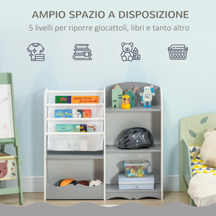 Scaffale Portagiochi per Bambini 85x26x84 cm con Ripiani in Legno Grigio