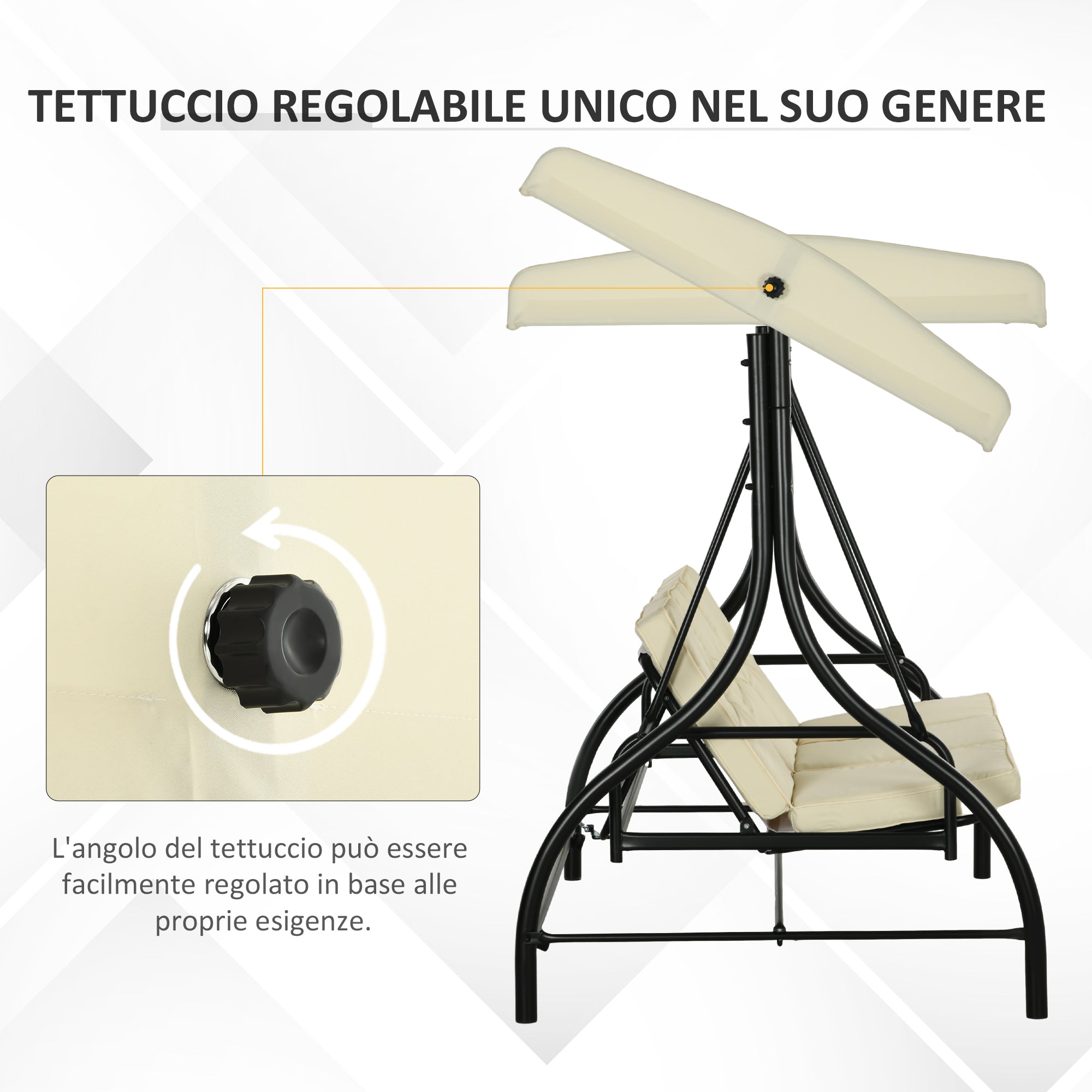 Dondolo da Giardino 3 Posti con Tettuccio Regolabile in Metallo e tessuto Teslin Beige e Nero