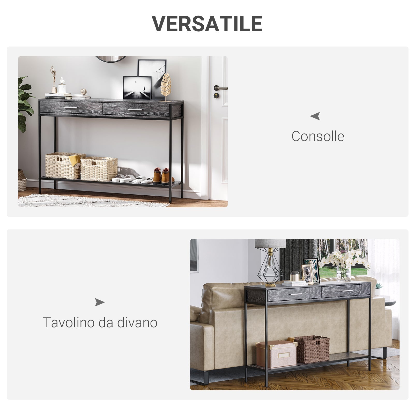 Consolle da Ingresso 2 Cassetti 120x30x81,5 cm in Legno e Acciaio Grigio