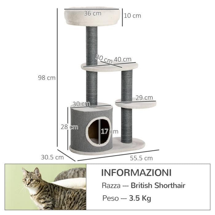 Albero Tiragraffi 55,5x30,5x98 cm con Letino e Casetta in Corda di Juta Grigio e Bianco