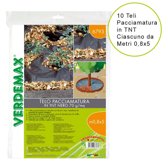 10 teli pacciamatura tnt 60 gr/mq nero ciascuno da metri 0,8x5 verdemax