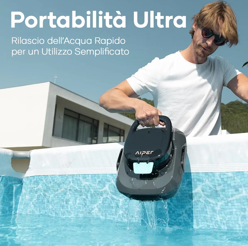 AIPER Scuba SE, Robot per piscina senza fili, Batteria a doppia azionamento, Parcheggio automatico, Adatto per piscine piatte fino a 80 mq, Drenaggio rapido, Autonomia 90 min, Bianco