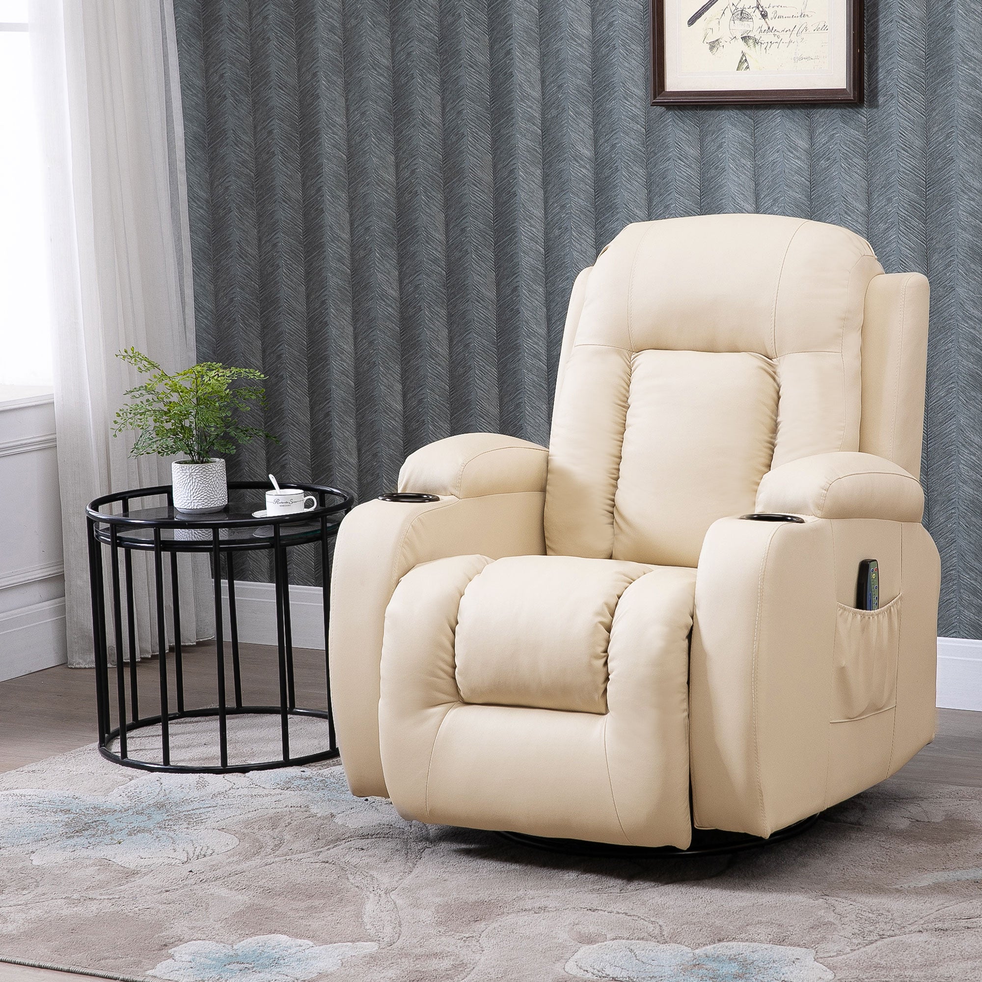 Poltrona Relax Massaggiante a 8 Punti 85x94x104 cm Reclinabile con Telecomando in Similpelle Beige