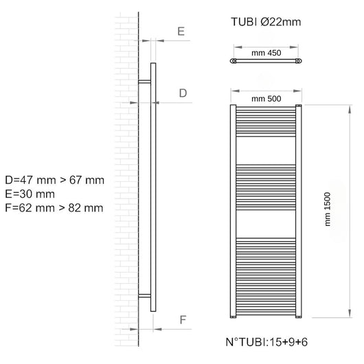 Termoarredo scaldasalviette tubolare tondo acciaio colore bianco opaco *** finitura- bianco opaco, misure h1500xl500x...