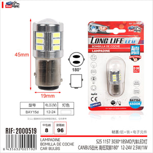 2pz Lampada Led BAY15D S25 P21/5W 18 SMD 3030 12V 24V 300lm 1W/2.5W Doppio Filamento Bianco Piedi Sfalsati 45mm