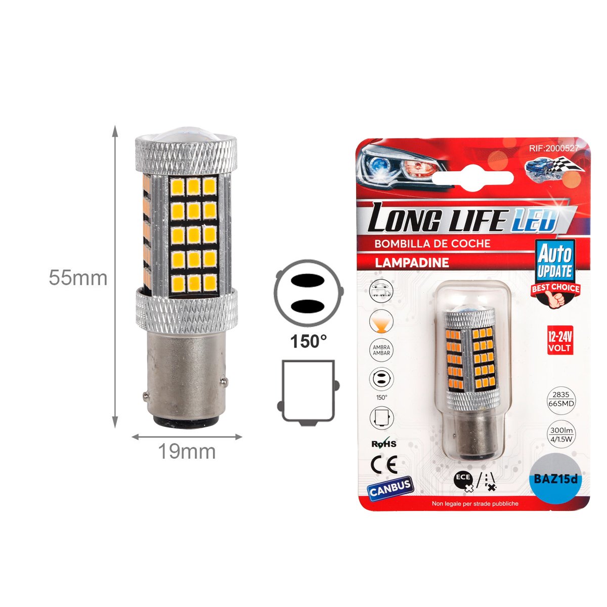 2pz Lampada Led BAZ15D S25 P21/5W 66 SMD 2835 12V 24V 300lm 4W/1.5W Doppio Filamento Luce 360 Ambra Piedi Sfalsati 55mm