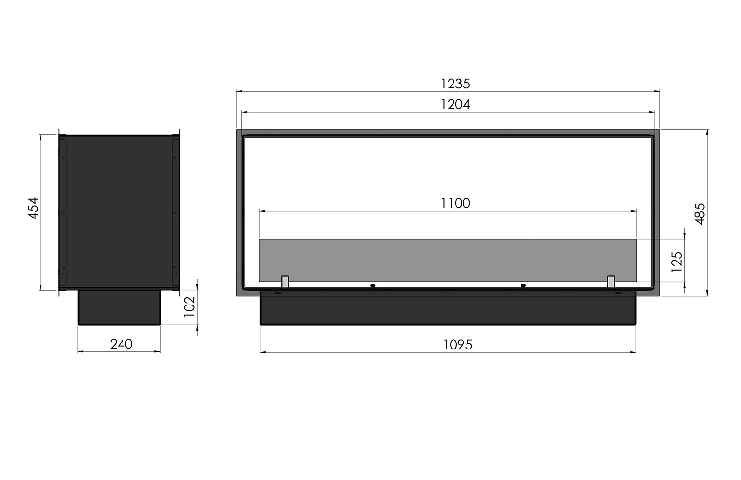 Camino a Bioetanolo da Incasso 123,5x58,5x35 cm Bifacciale 2 Side 1200 Slim Nero con Vetro