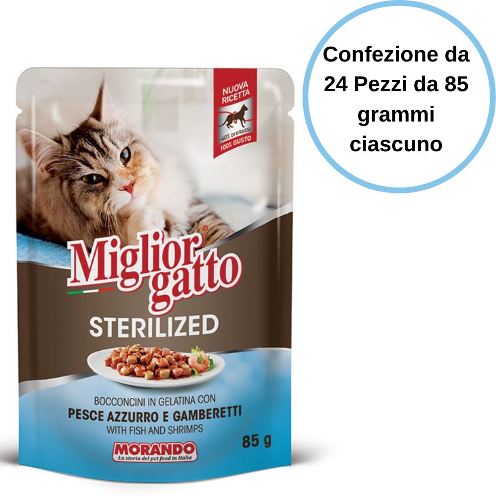 Morando miglior gatto sterilized bocconcini con pesce azzurro e gamberetti confezione 24 pz