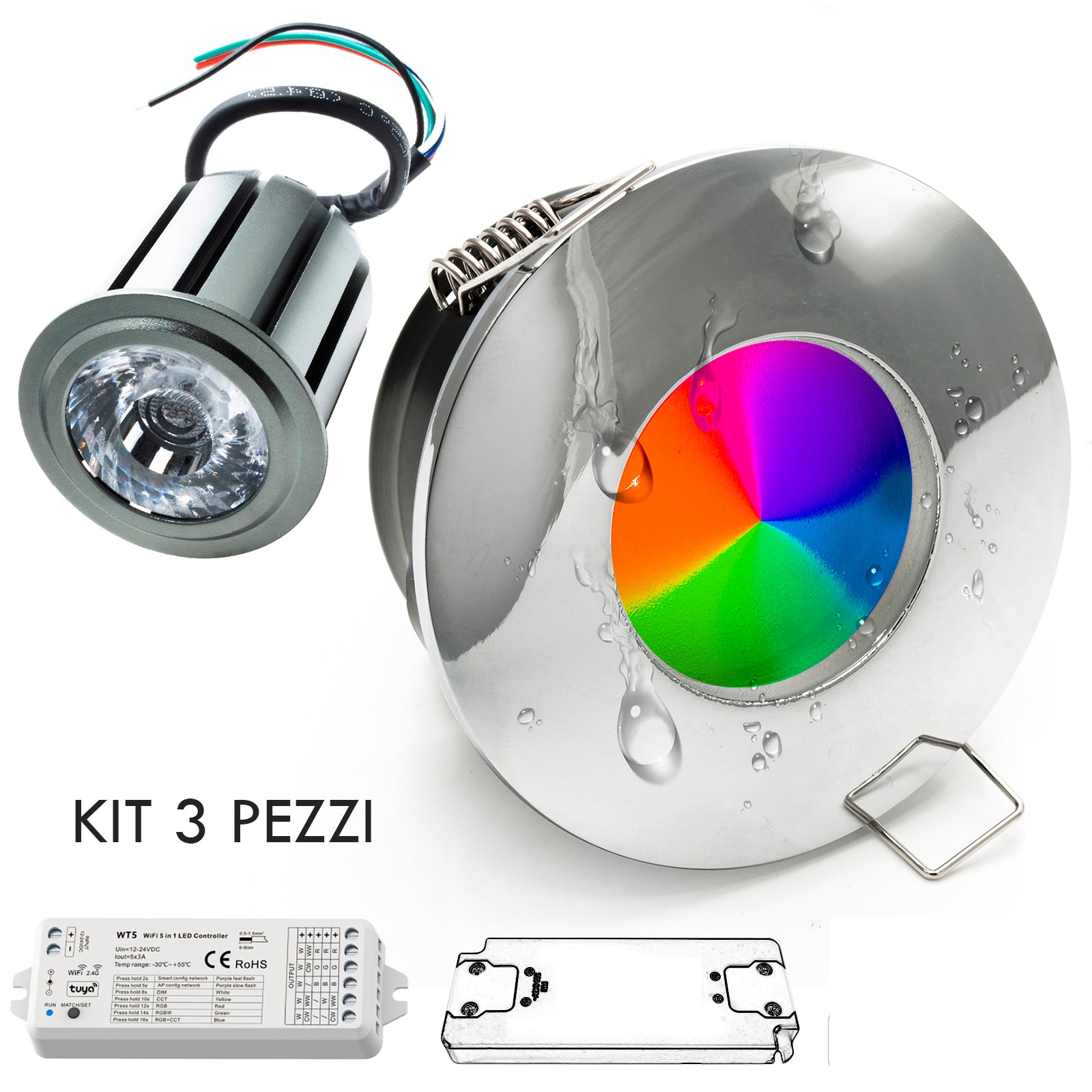 Faretto RGB KIT SMART cromoterapia box doccia luce incasso IP65 24V LED 12W WiFi Alexa Google RGBW 3000K CROMATO KIT 3pz