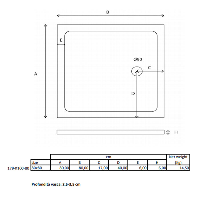 Piatto doccia quadrato Kepler 80x80 h.6 cm in acrilico rinforzato senza piletta