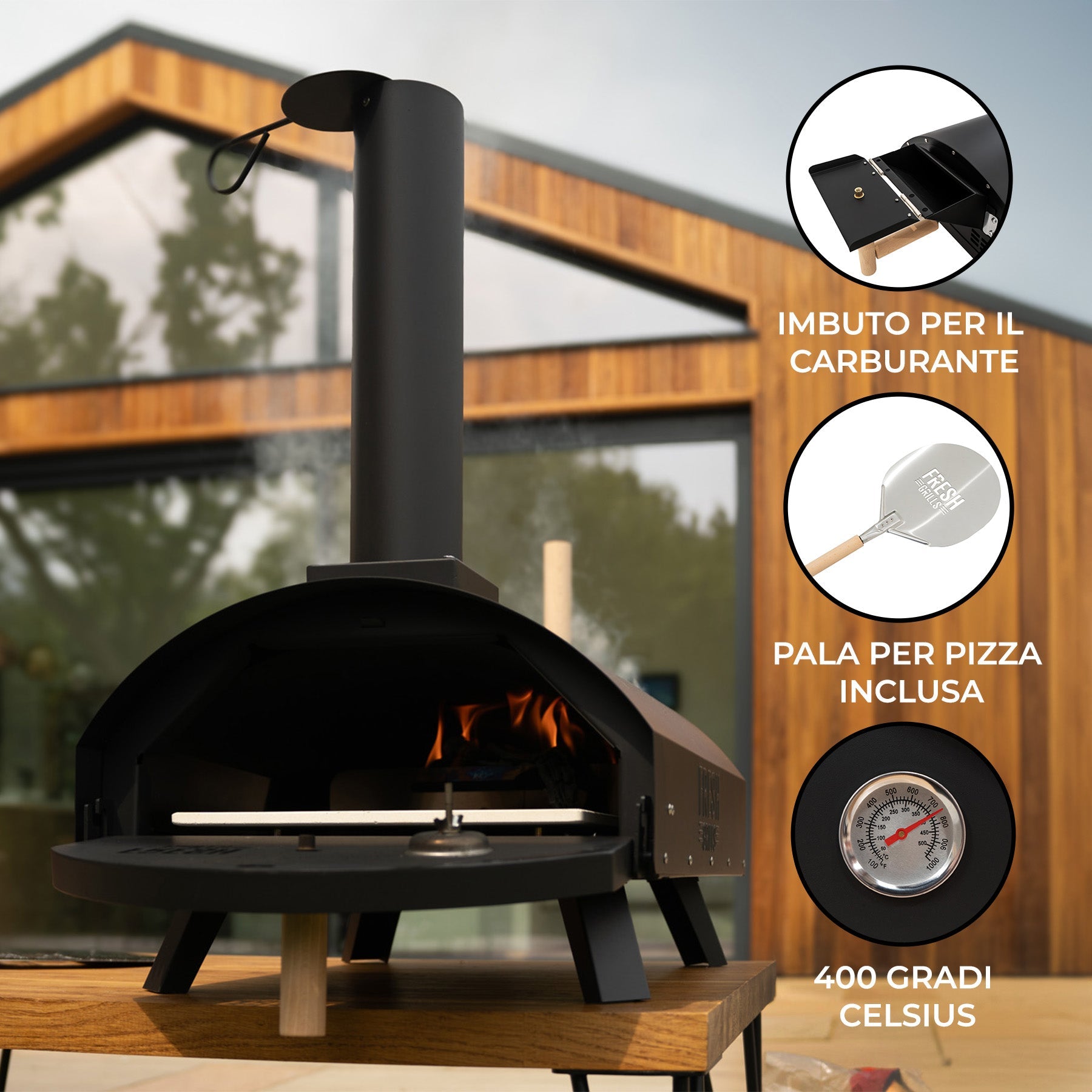 Forno da tavolo per pizza all'aperto 30cm in acciaio nero portatile a carbonella di legno BBQ