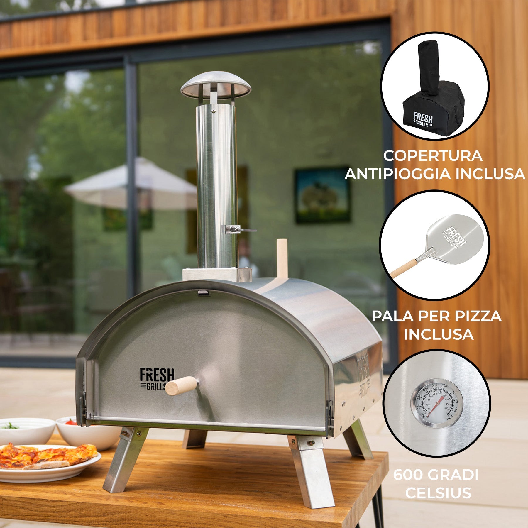 Forno da tavolo per pizza all'aperto 35cm in Acciaio Inox Extra Large Alimentazione a Legno Carbone Pellets