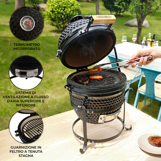 Kamado BBQ Grill 33cm Nero Ceramica Mini Forno Barbecue a Uovo Carbonella Affumicatore