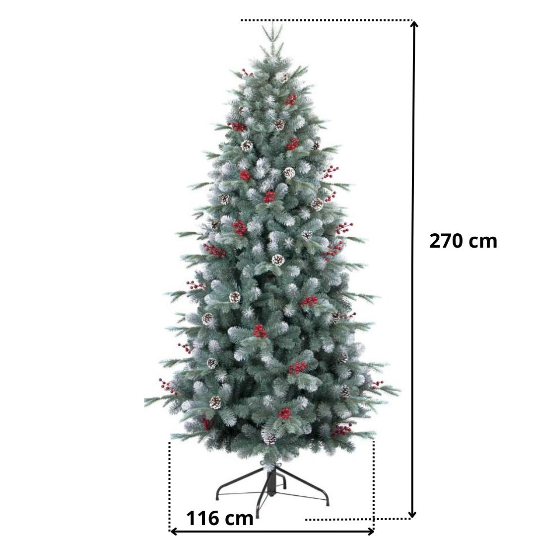 Albero di Natale Artificiale realizzato in PVC alto 240cm con 1230 rami addobbato con punte innevate e bacche