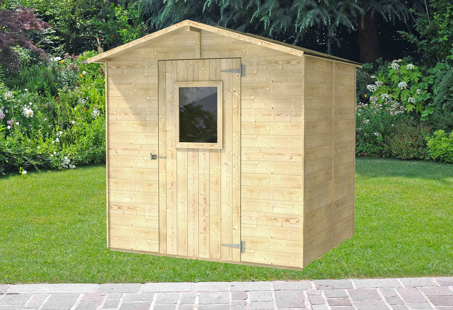 Casetta Box da Giardino per Attrezzi 200x207 cm con Porta Finestrata in Legno Naturale