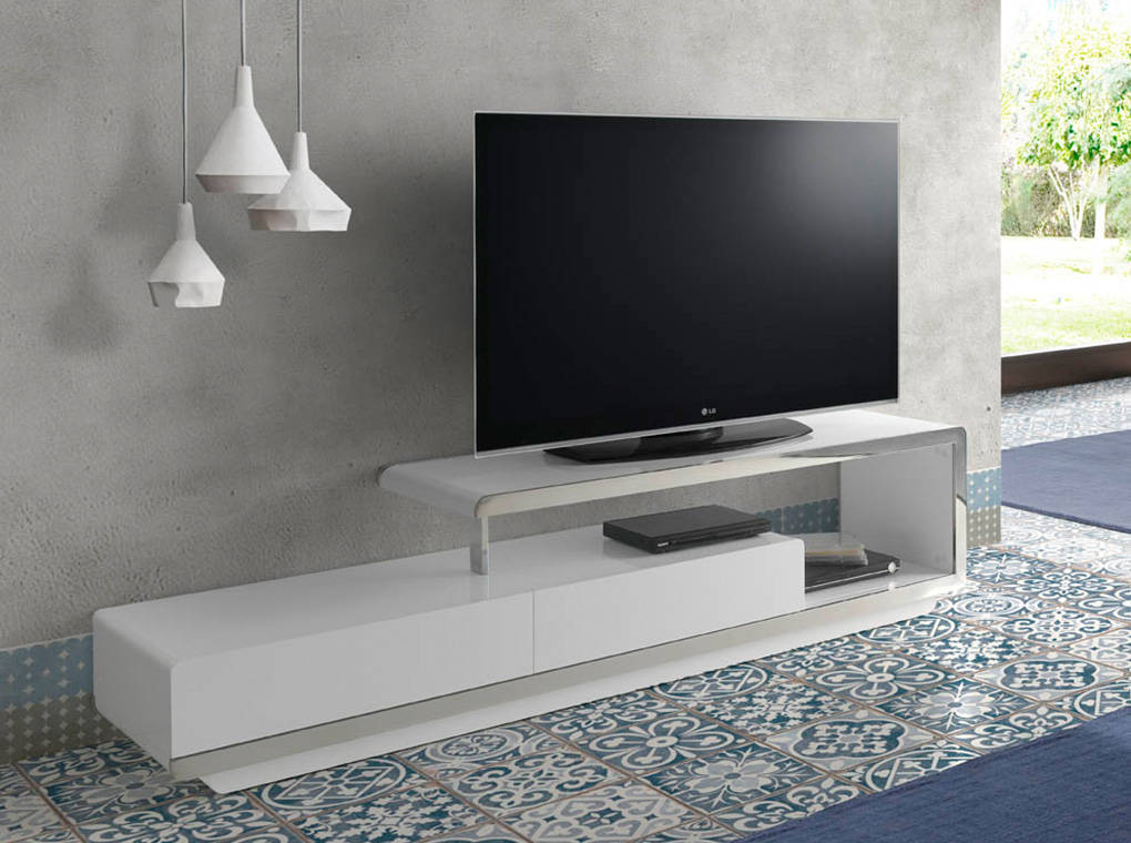 Mobile TV 200x40x45 cm in legno bianco e acciaio cromato