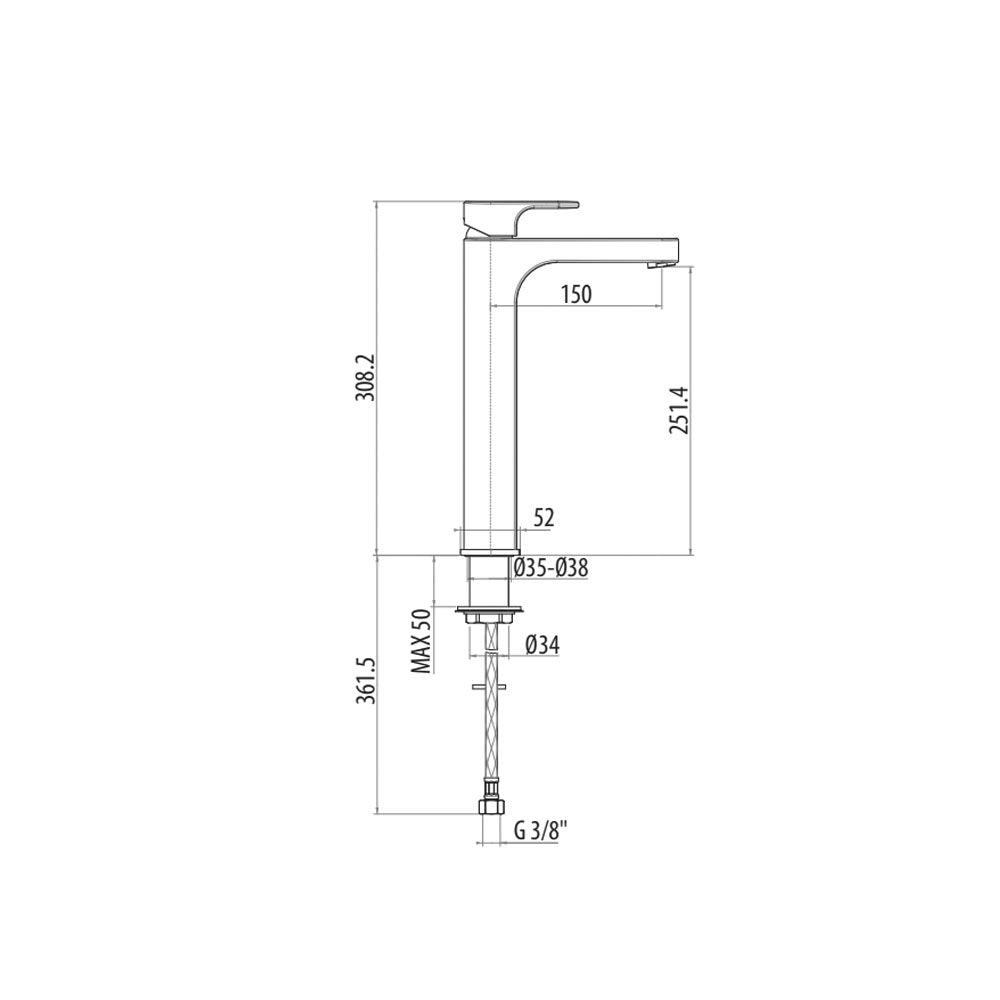 Miscelatore lavabo alto Gattoni H20MIX1000 con flex inox di alimentazione e bocca 150 mm