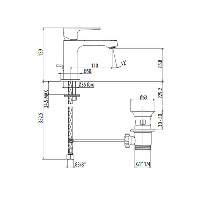 Miscelatore lavabo Gattoni H20MIX3000 con scarico automatico bocca 110 mm