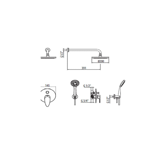 Gattoni Kit doccia  H20MIX2000 con miscelatore 2 vie, flessibile soffione e doccino