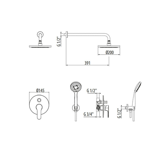 Kit doccia H20MIX4000 con miscelatore 2 vie, flessibile, soffione e doccino