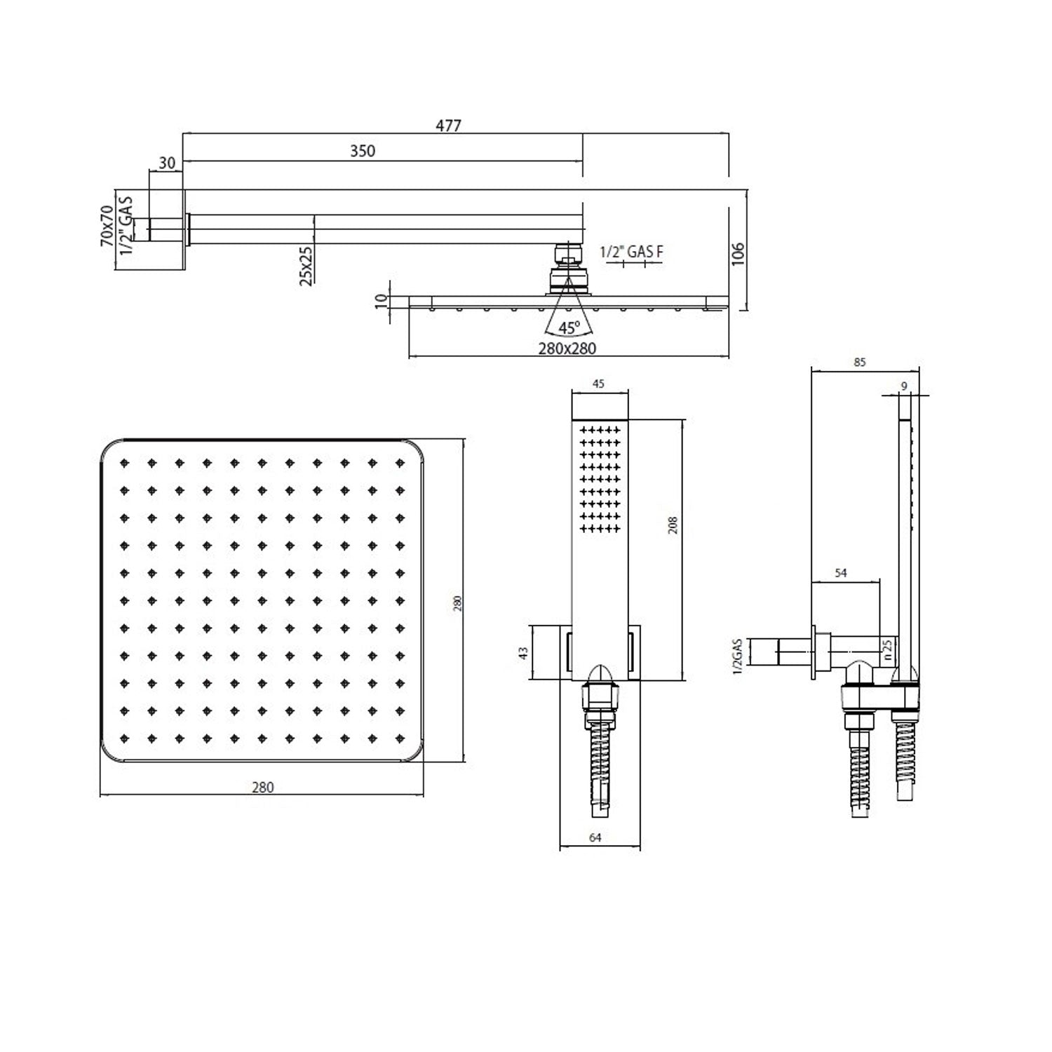 Composizione doccia bossini con soffione cosmo 23x23 kit duplex cube e miscelatore termostatico a 2 vie 