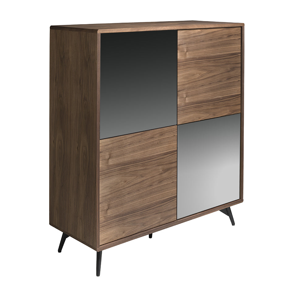 Credenza in legno di noce e ante in vetro nero a specchio