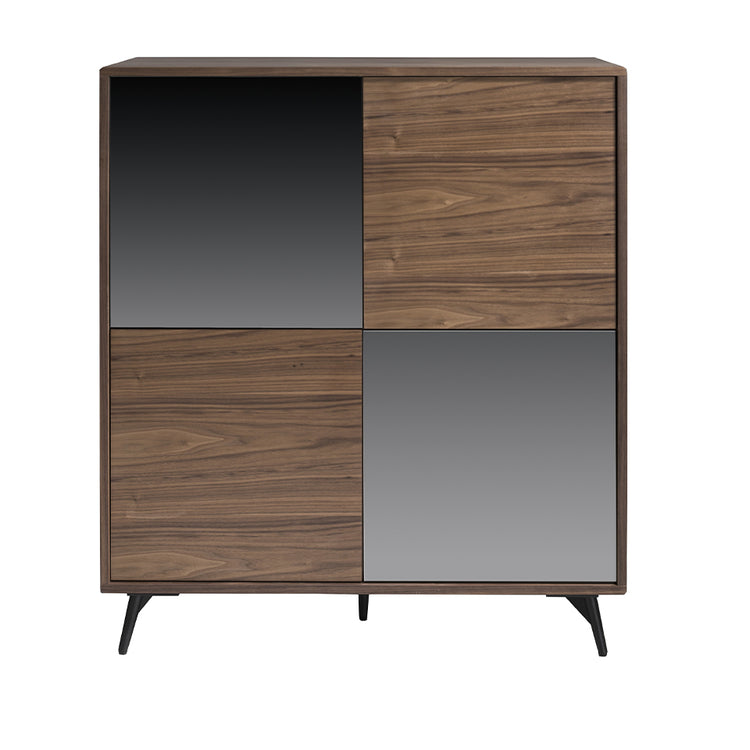 Credenza in legno di noce e ante in vetro nero a specchio