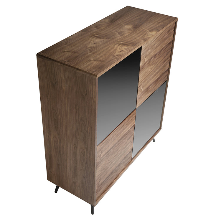 Credenza in legno di noce e ante in vetro nero a specchio