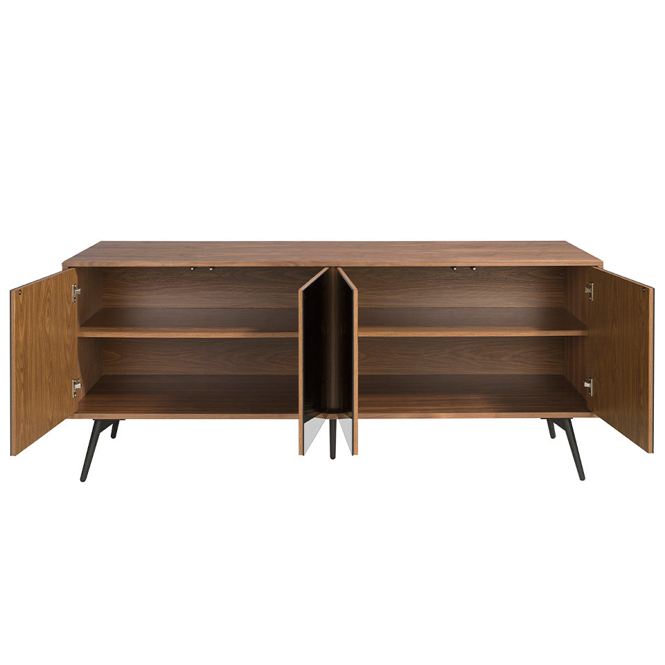 Credenza 180x50x76 cm in legno di noce e ante in vetro nero a specchio