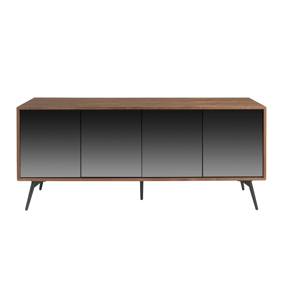 Credenza 180x50x76 cm in legno di noce e ante in vetro nero a specchio