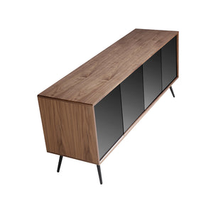 Credenza 180x50x76 cm in legno di noce e ante in vetro nero a specchio