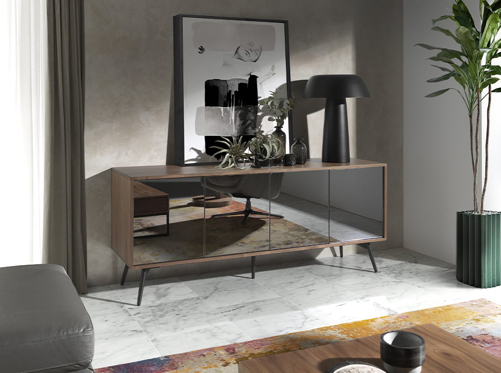 Credenza 180x50x76 cm in legno di noce e ante in vetro nero a specchio