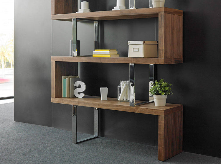 Libreria in legno 130x35x170 cm color noce e acciaio cromato