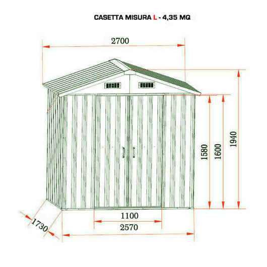 Casetta Giardino Lamiera Zincata Box Deposito Attrezzi Esterno Baracca Rimessa Misura: L: 267 L x 172 P x 191 A