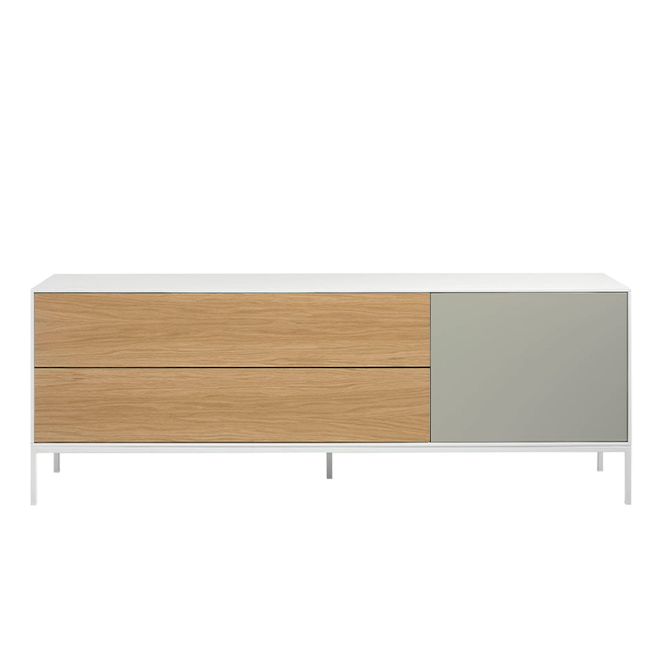 Credenza in legno bianco, rovere e acciaio bianco