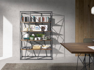 Libreria in acciaio 120x38x180 cm nero e legno di noce