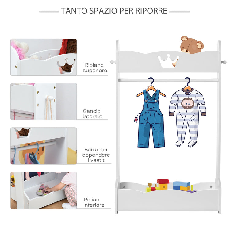 Appendiabiti per Bambini con Ripiani e Ganci Laterali in Legno 63x37x103 cm Bianco