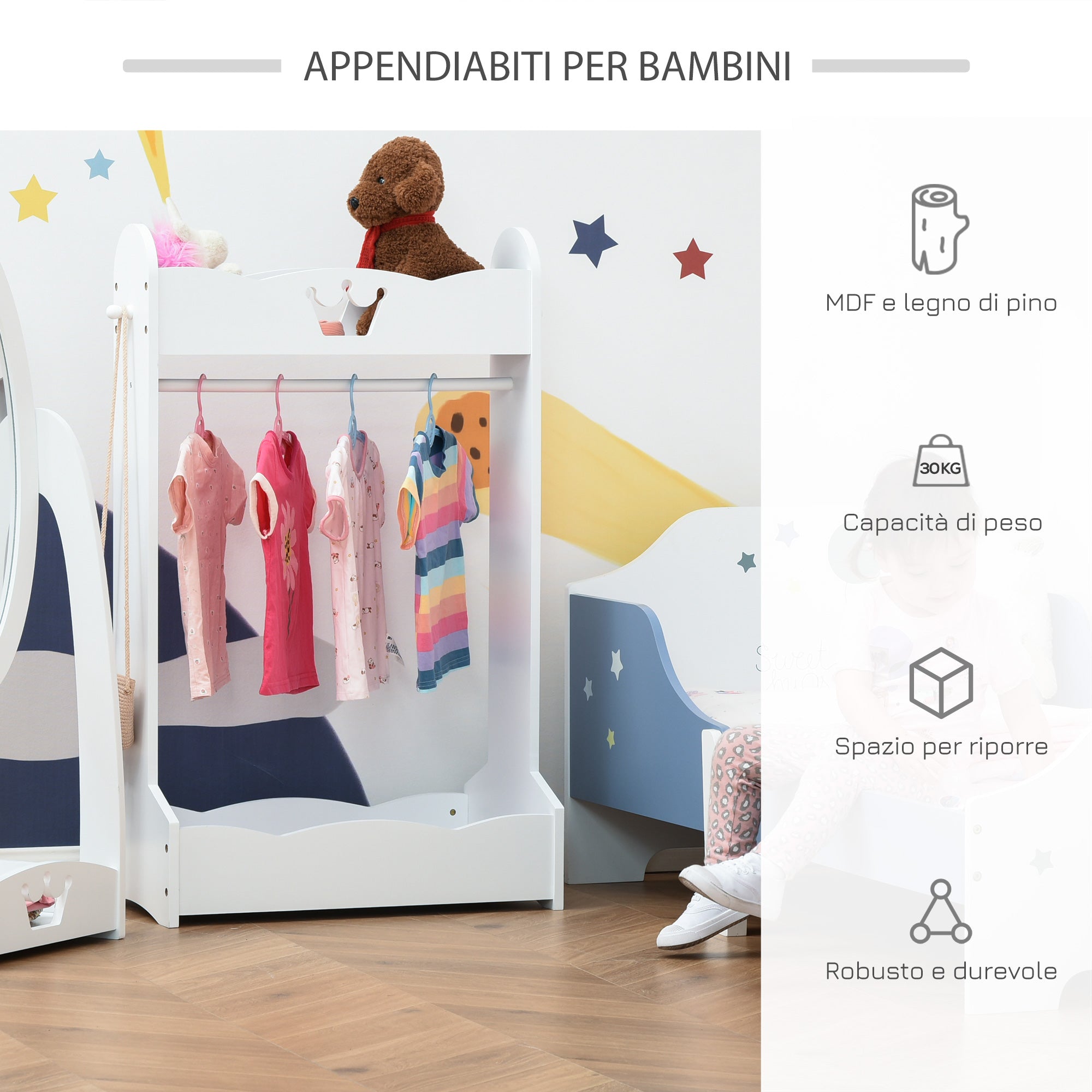 Appendiabiti per Bambini con Ripiani e Ganci Laterali in Legno 63x37x103 cm Bianco