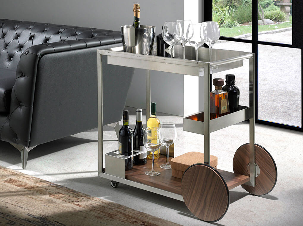 Carrello minibar 91x38x74 cm in acciaio lucido e legno di noce