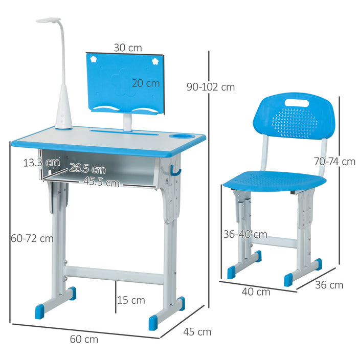 Banco Scuola con Sedia per Bambini con Lampada LED e Leggio Blu