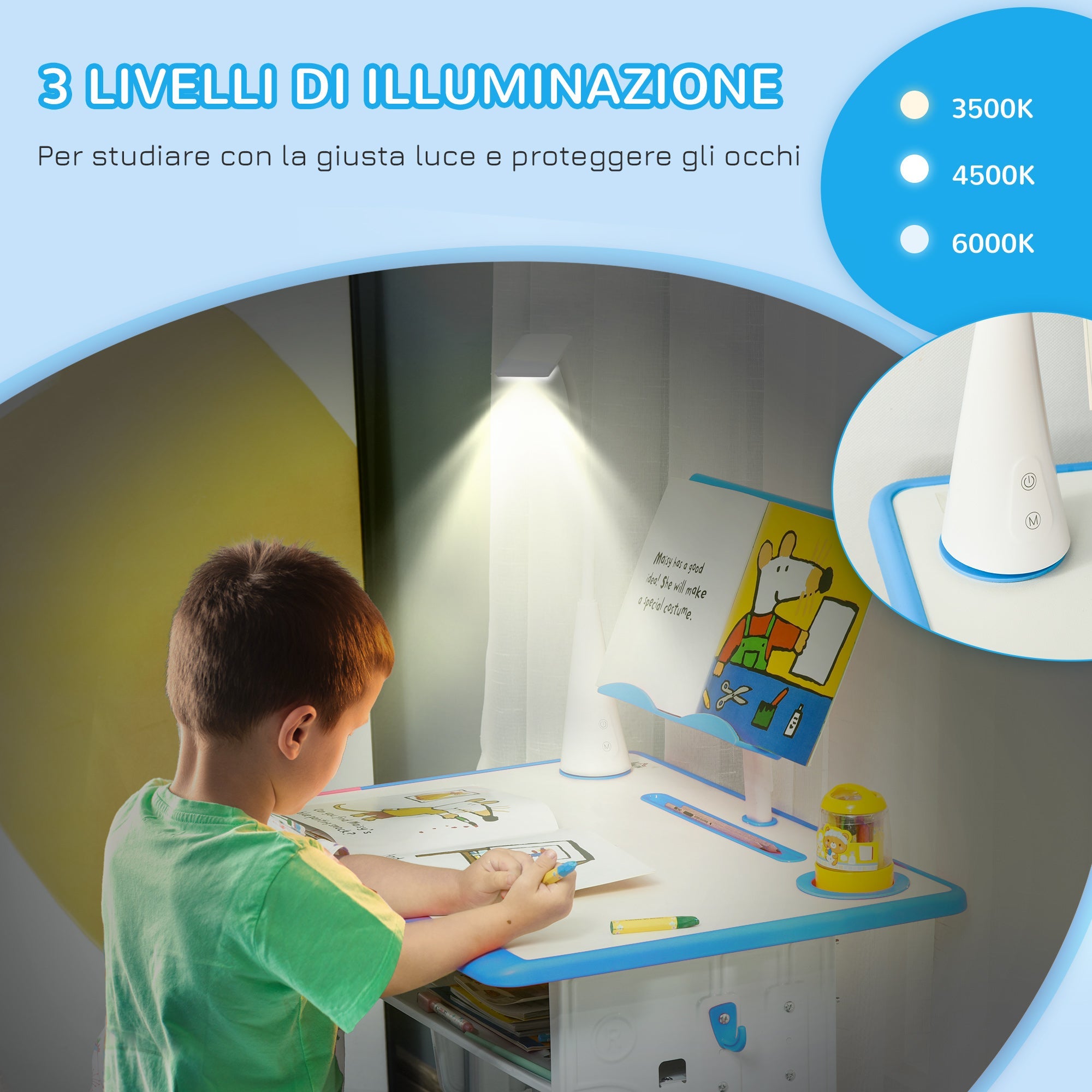 Banco Scuola con Sedia per Bambini con Lampada LED e Leggio Blu