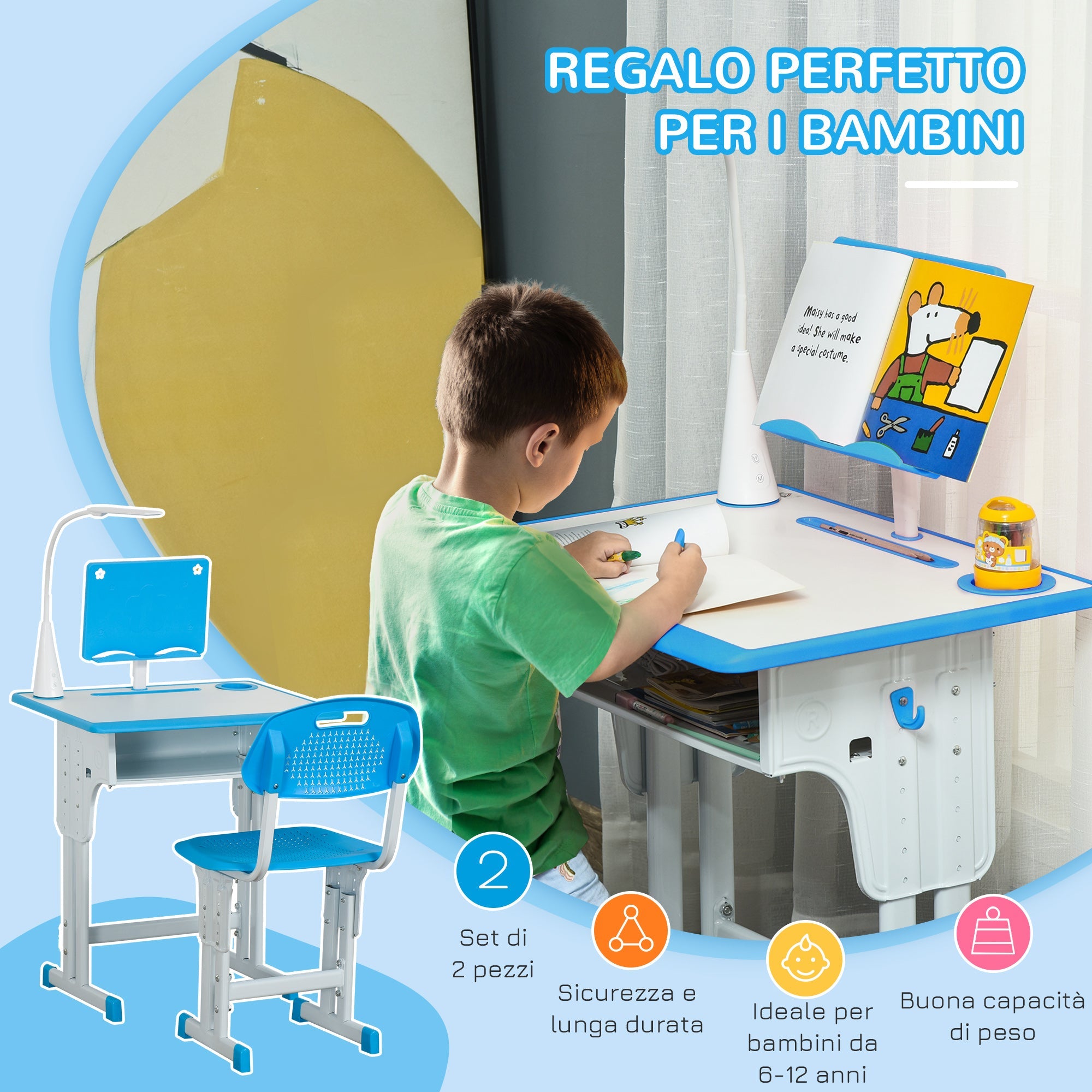 Banco Scuola con Sedia per Bambini con Lampada LED e Leggio Blu