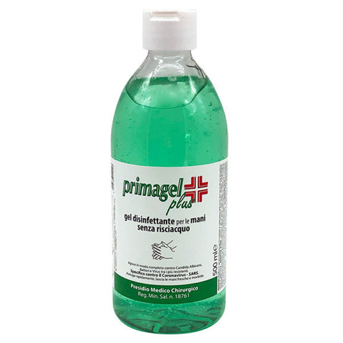 Gel igienizzante per le mani a base alcolica senza risciacquo per l'immediata detersione e disinfezione delle mani. Flacone da 500ml