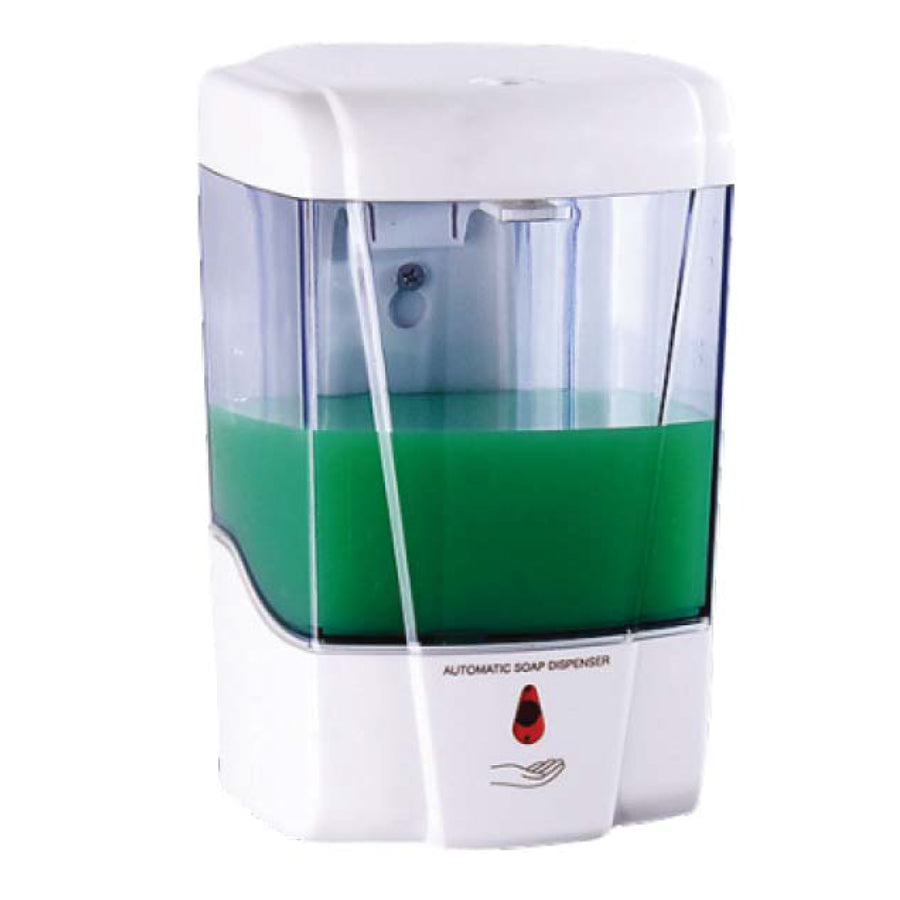 Erogatore automatico da parete con sensore fotocellula per il dosaggio di sapone liquido o gel disinfettante mani. Dispenser da 600 ml in ABS e policarbonato. Marca Vama