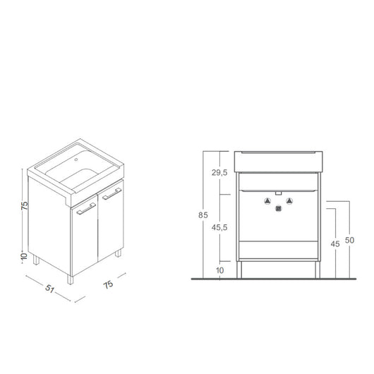 Mobile lavatoio 2 ante in materiale melaminico con lavabo in ceramica e piedini abs cromati. Variante Olmo Montano Misure cm 75x51