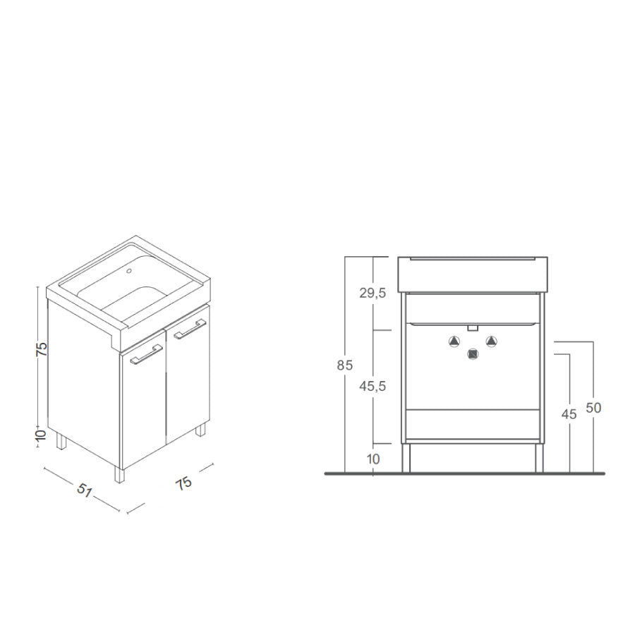 Mobile lavatoio 2 ante in materiale melaminico con lavabo in ceramica e piedini abs cromati. Variante Olmo Montano Misure cm 75x51