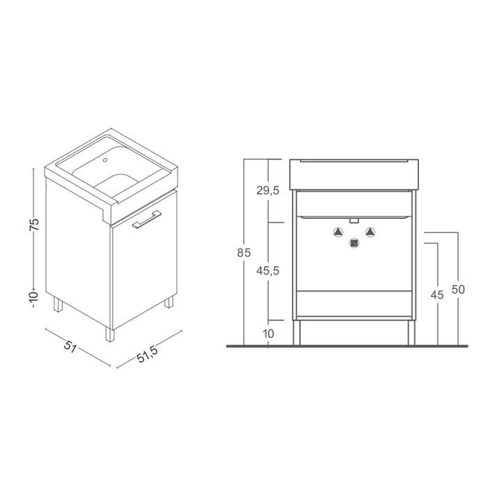 Mobile lavatoio 1 anta in materiale melaminico con lavabo in ceramica e piedini abs cromati. Variante Olmo Montano Misure cm 51x51,5